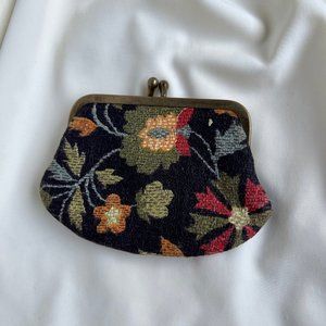 Vintage Black Floral Embroidered Brass Tone Coin Purse